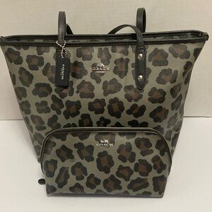 Coach City Zip Tote Leopard and  matching makeup bag gray brown black